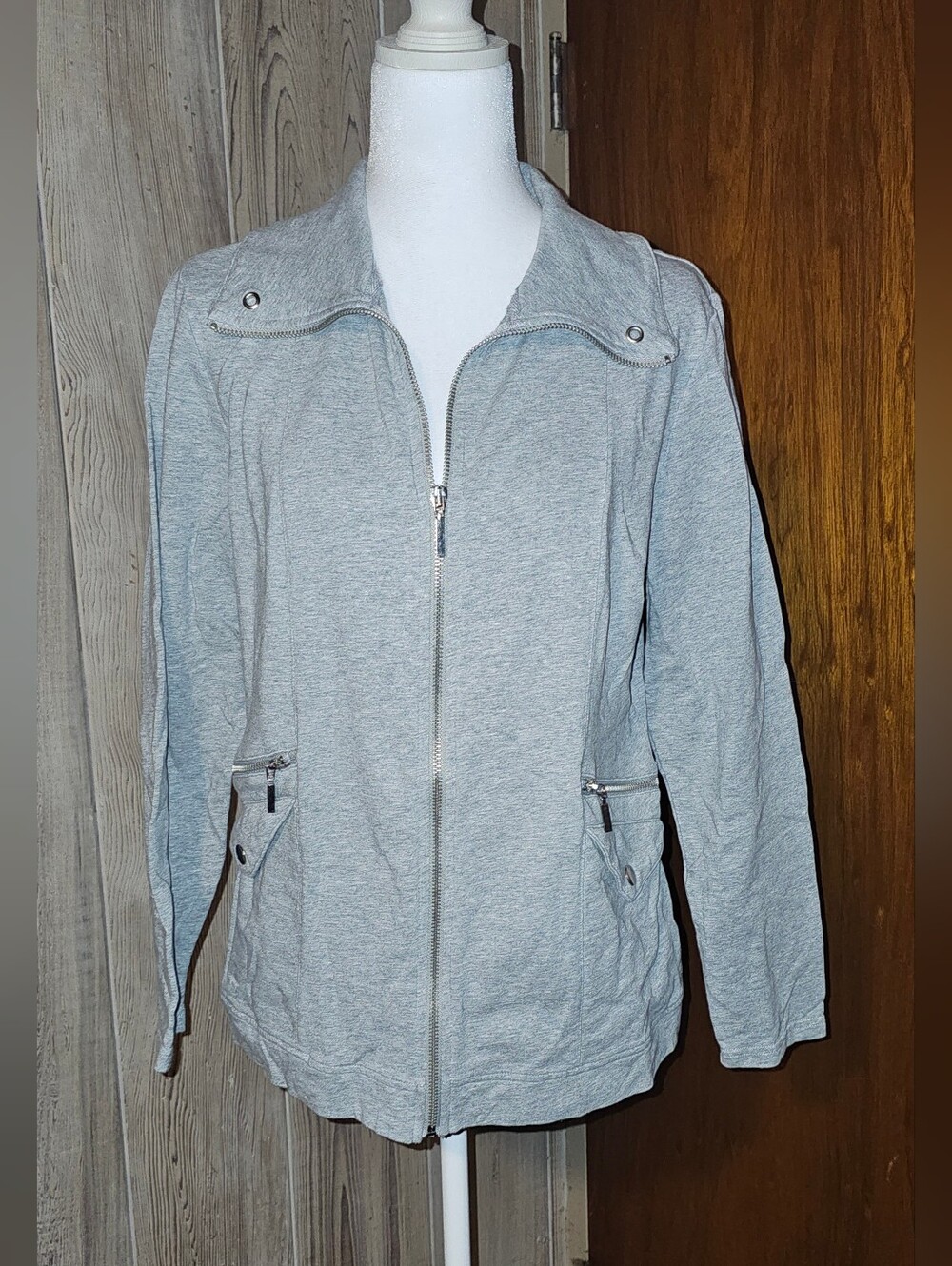 Karen Scott Light Gray Zip-Front Utility Petite Jacket